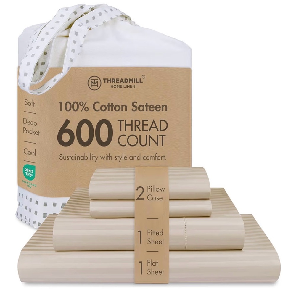 600 Thread Count Cal King Bed Sheets Set with 16” Deep Pocket - 4-Piece Beige